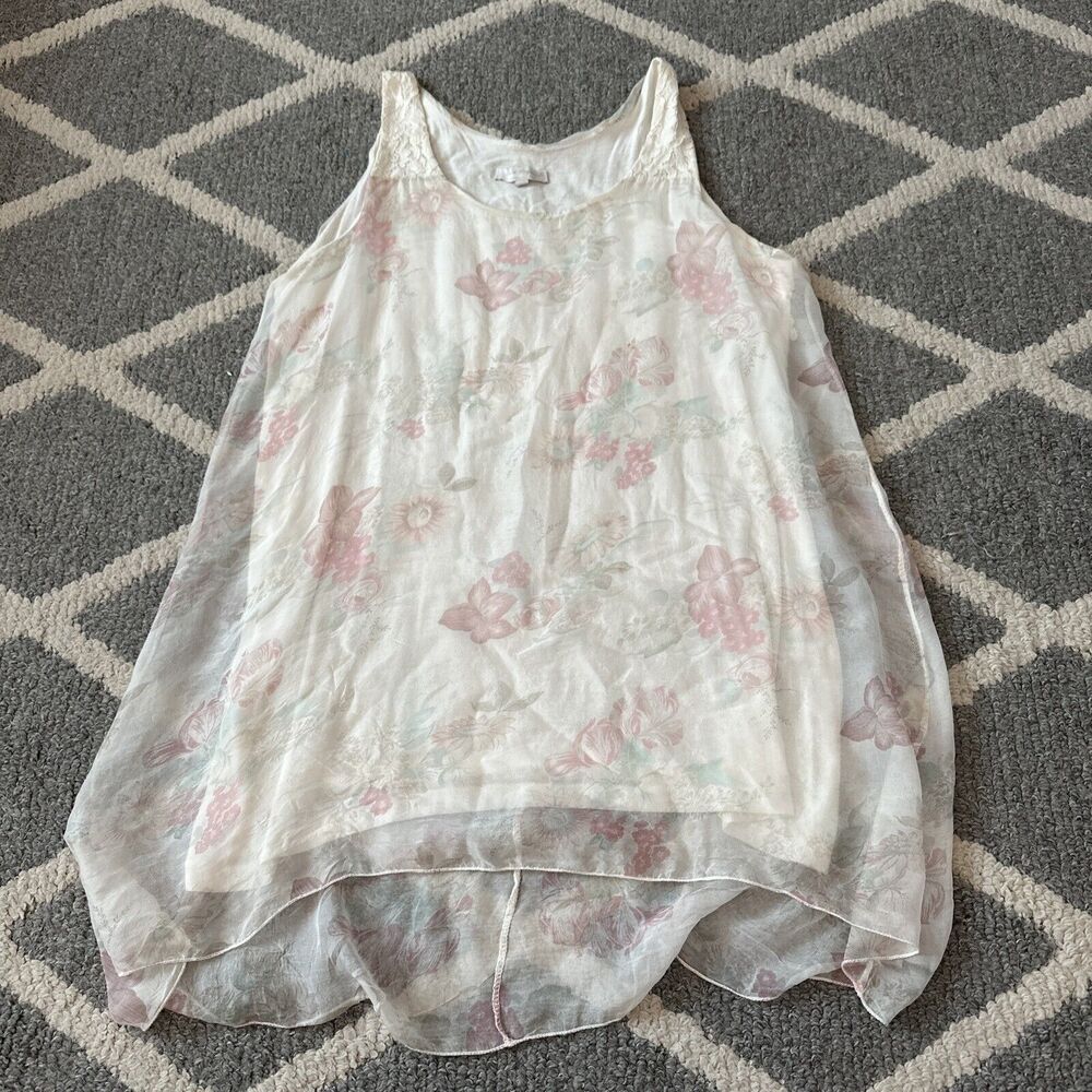 DOLCE RAGAZZA Silk Blouse Top High-Low Floral Tank, Made‎ in Italy ,size L